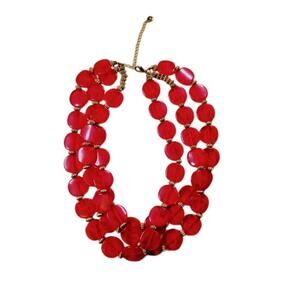 146 Red Three Strand Beaded Necklace Statement Piece Career Preppy Feminine